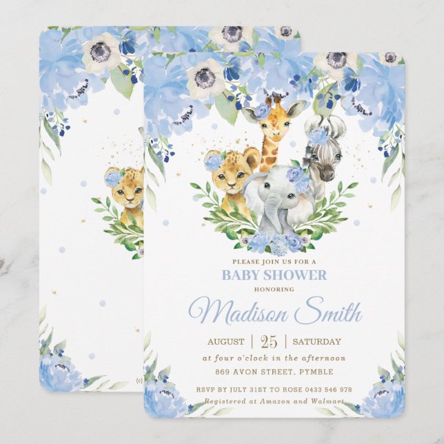 Invitation Jungle Animaux Safari Blue Floral Baby shower (Devant / Derrière)