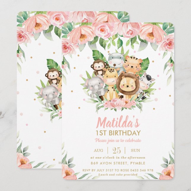 Invitation Jungle Animaux Safari Rose Floral 1er anniversaire (Devant / Derrière)