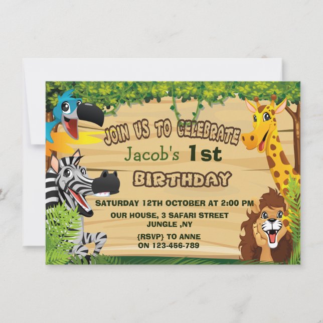 Invitation Jungle Animaux Sauvages Premier Anniversaire (Devant)