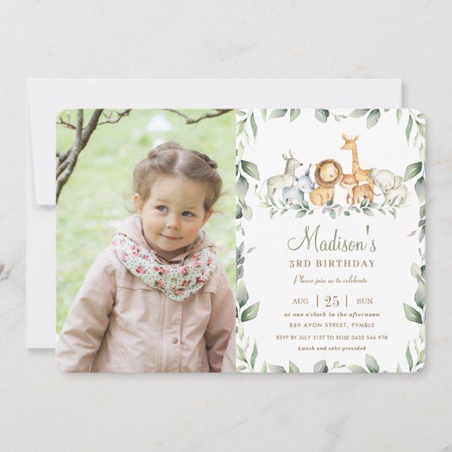 Invitation Jungle Animaux Verdure Anniversaire Garçon Photo F (Devant)