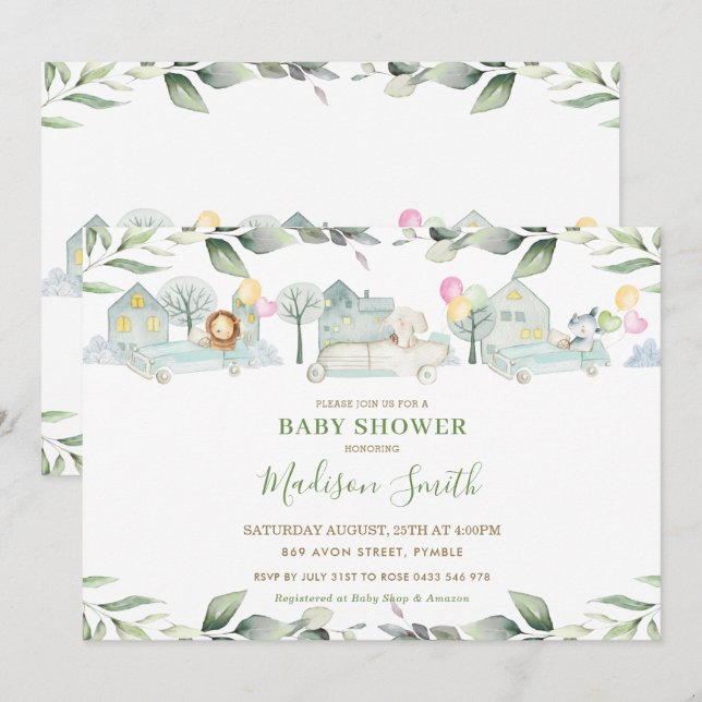 Invitation Jungle Animaux Voitures Verdure Baby shower Girl (Devant / Derrière)