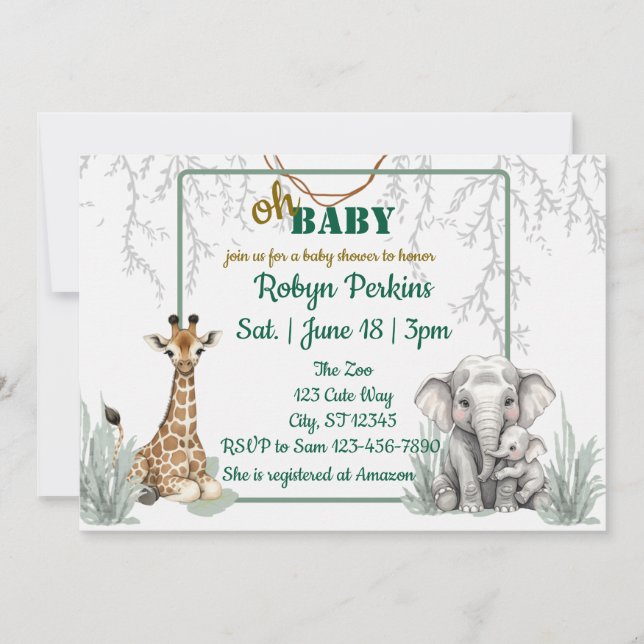 Invitation Jungle Aquarelle Giraffe Elephant baby shower (Devant)
