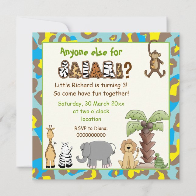 Invitation Jungle bleu, safari jaune anniversaire de enfant (Devant)
