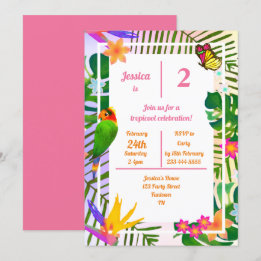 Invitation Jungle de perroquets roses du 2e anniversaire trop