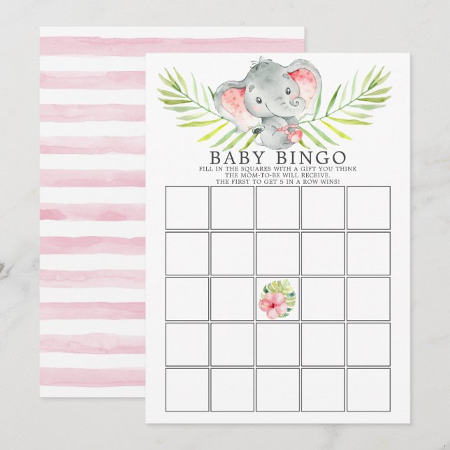 Invitation Jungle Elephant BINGO Baby shower Jeu (Devant / Derrière)