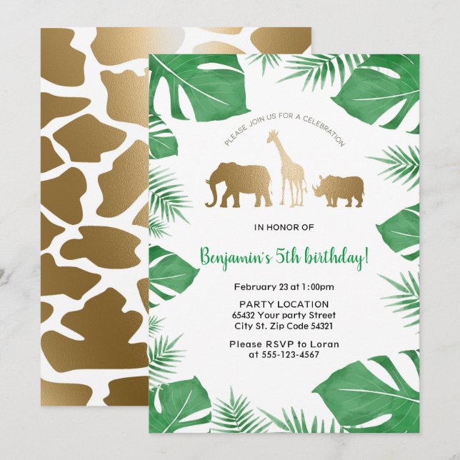 Invitation Jungle, fête d'anniversaire de safari (Devant / Derrière)