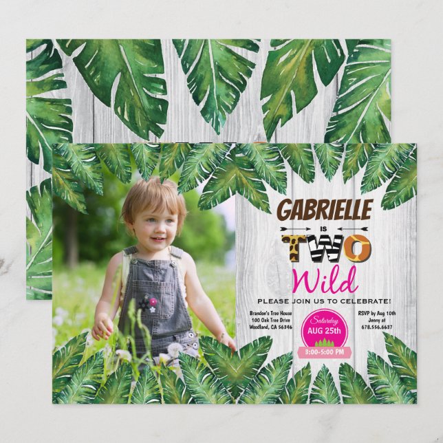 Invitation Jungle fille 2ème anniversaire de fête photo invit (Devant / Derrière)