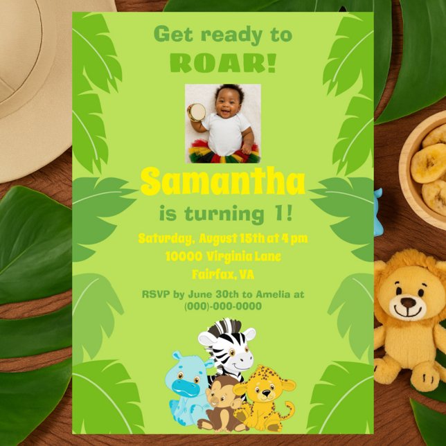 Invitation Jungle Jamboree 1er anniversaire Safari vert (Créateur téléchargé)