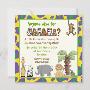Invitation Jungle jaune, violet safari anniversaire de enfant