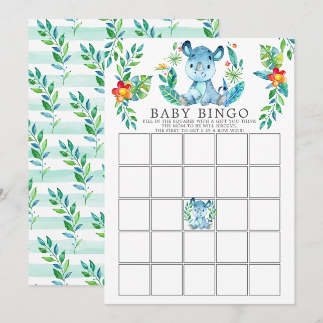 Invitation Jungle Rhino BINGO Baby shower Jeu (Devant / Derrière)