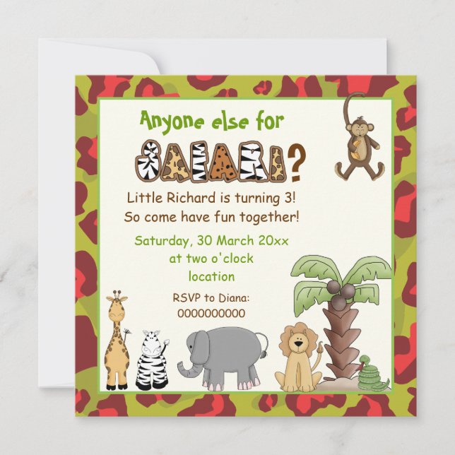 Invitation Jungle rouge, safari vert anniversaire de enfant (Devant)