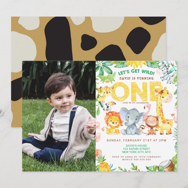 Invitation Jungle Safari à thème 1er anniversaire photo de ga (Devant / Derrière)
