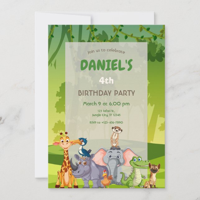 Invitation Jungle Safari Animals Birthday Party (Devant)