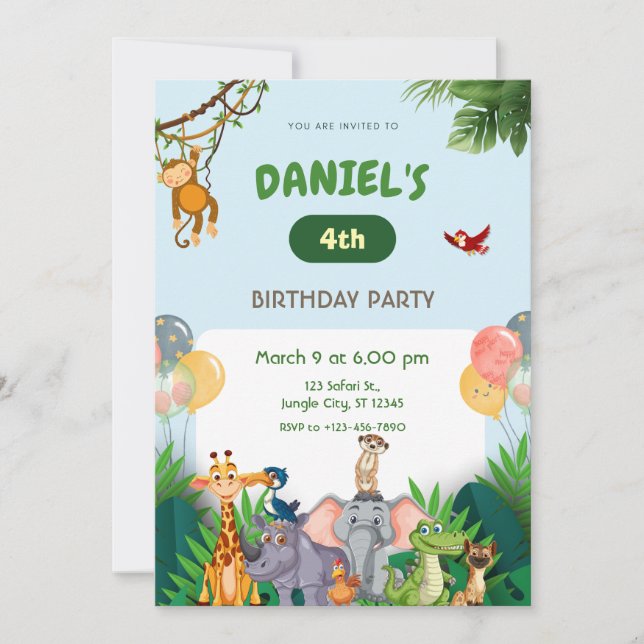 Invitation Jungle Safari Animals Birthday Party (Devant)