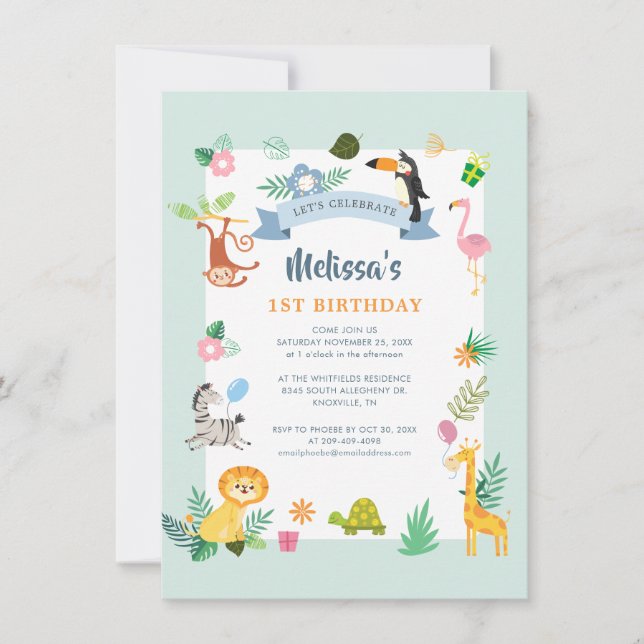 Invitation Jungle Safari Animaux 1er anniversaire (Devant)