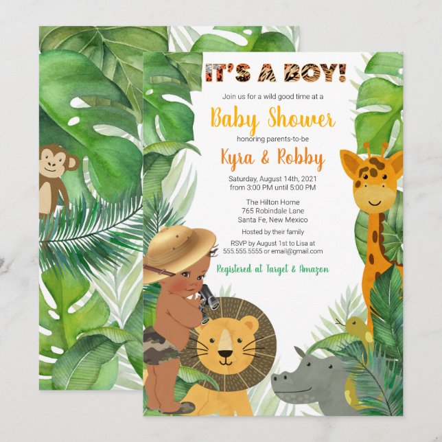 Invitation Jungle Safari Animaux Baby shower garçon (Devant / Derrière)