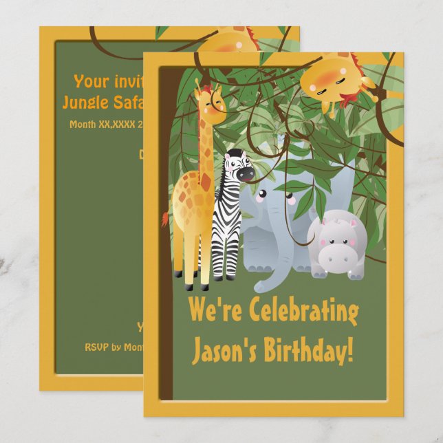 Invitation Jungle Safari Animaux Fête d'anniversaire Personna (Devant / Derrière)