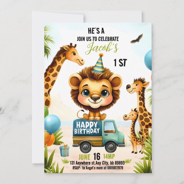 Invitation Jungle Safari Animaux Garçon 1er anniversaire (Devant)