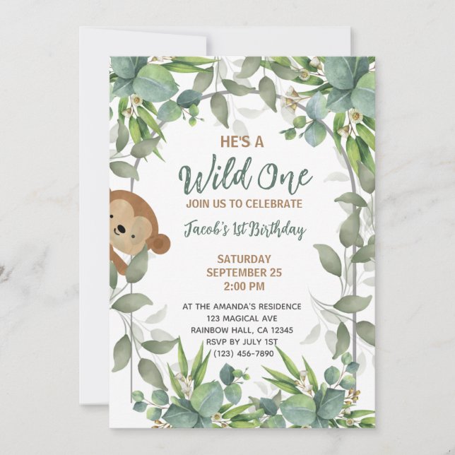 Invitation Jungle Safari Animaux Sauvage Un 1er anniversaire  (Devant)