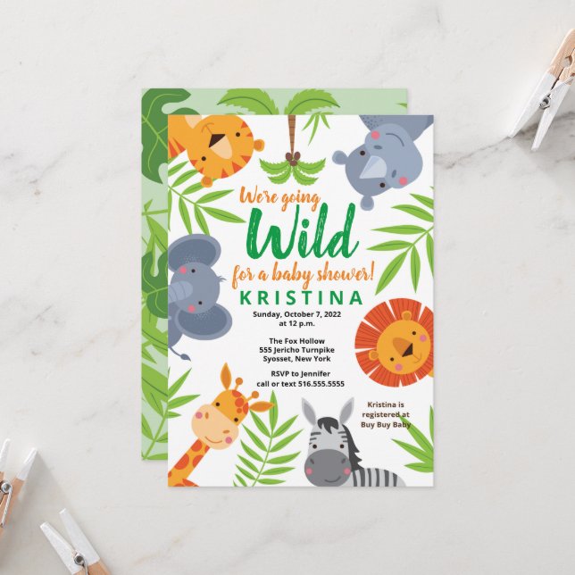 Invitation Jungle Safari Animaux sauvages Baby shower verdoya (Devant/Arrière en situation)