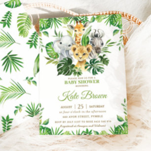 Invitation Jungle Safari Animaux Verdure Baby shower Garçon D