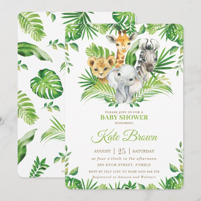Invitation Jungle Safari Animaux Verdure Baby shower naturel (Devant / Derrière)
