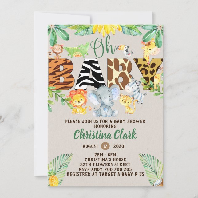 Invitation Jungle Safari Baby shower non sexiste (Devant)