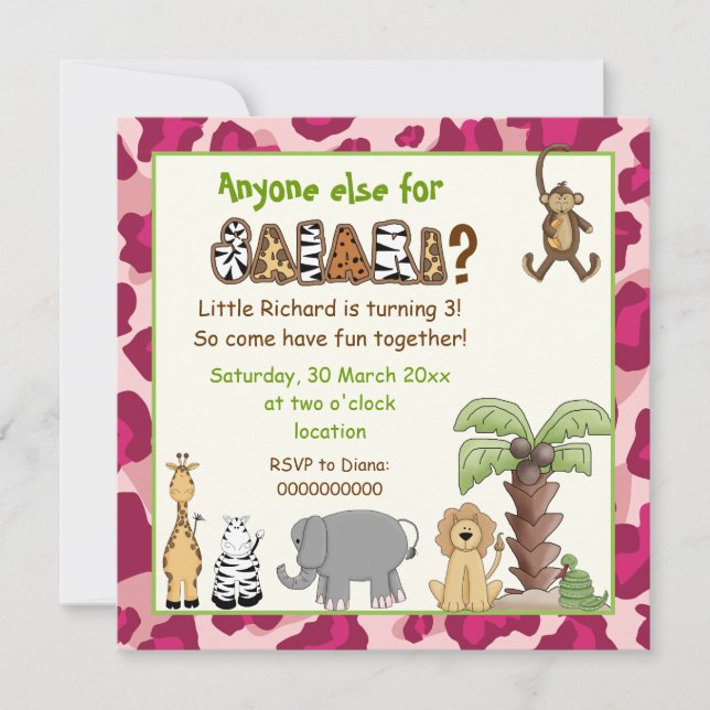 Invitation Jungle safari rose anniversaire de enfant (Devant)