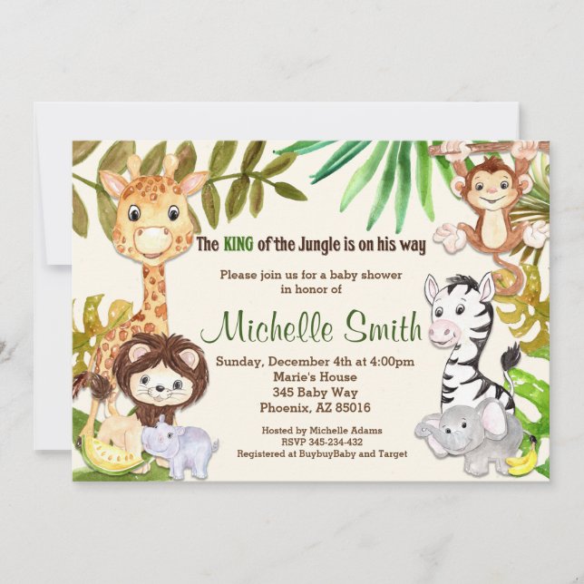 Invitation Jungle Safari Singe Eléphant Giraffe Baby shower (Devant)