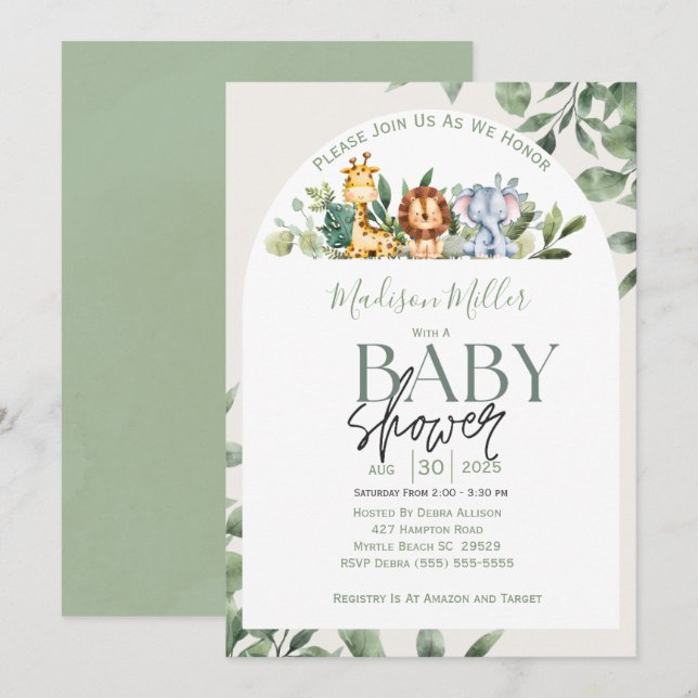 Invitation Jungle Sarfari Animaux Baby shower Feuille vert (Devant / Derrière)