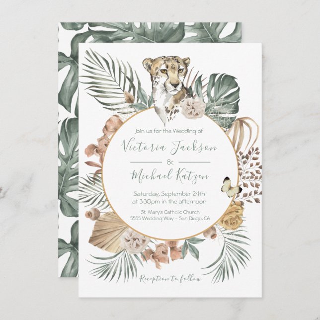 Invitation Jungle tropicale Cheetah Palm Mariage de couronne (Devant / Derrière)
