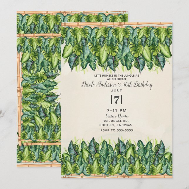 Invitation Jungle tropicale Feuilles & Bamboo Anniversaire bo (Devant / Derrière)