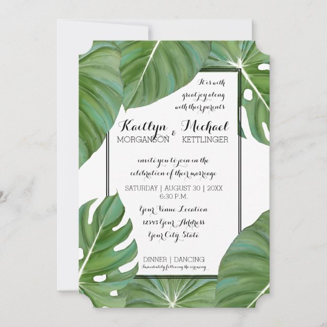 Invitation Jungle tropicale Moderne Feuille blanche Foliage C (Devant)