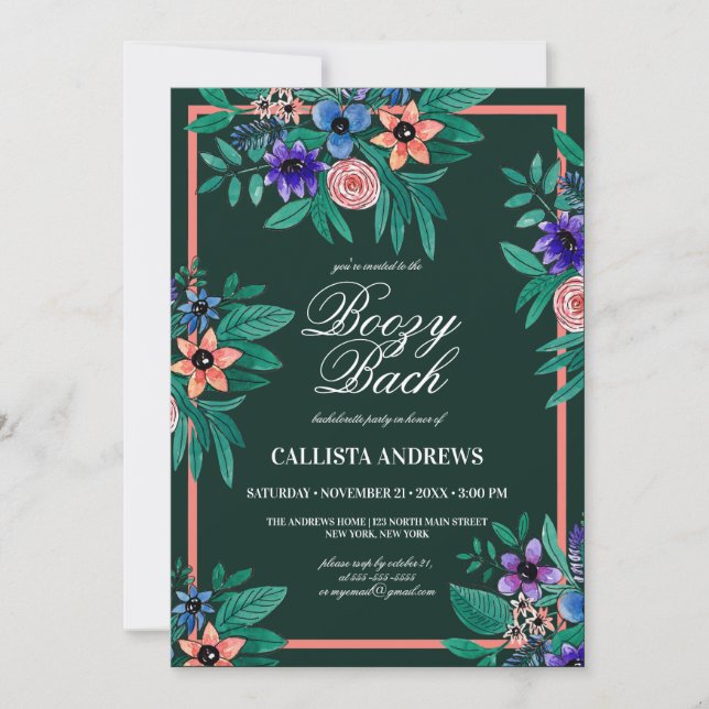 Invitation Jungle Vert Corail Floral Aquarelle Boozy Bach (Devant)