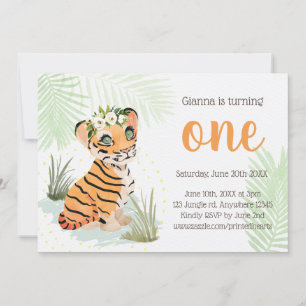Invitation Jungle Wild & Free Floral 1er Birthday Tiger