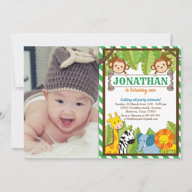 Invitation Jungle Zoo Animal Safari Aventure Anniversaire Pho (Devant)