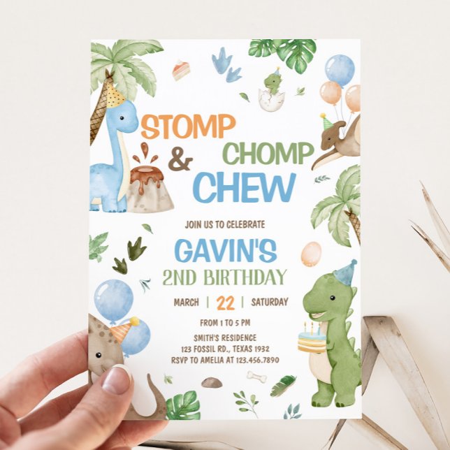 Invitation Jurassic Cute Dinosaur fête d'anniversaire (Stomp, Chomp and Chew Dinosaur Birthday Party Invitation)