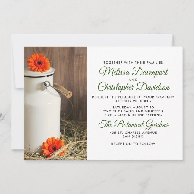 Invitation Jus de lait blanc rustique avec Mariage de fleurs (Devant)