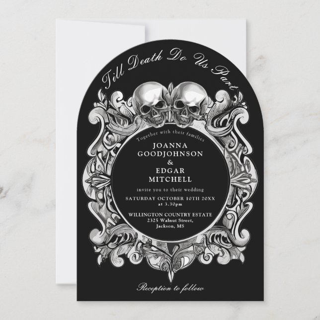 Invitation Jusqu'à la mort Crânes gothiques Monogramme Mariag (Devant)
