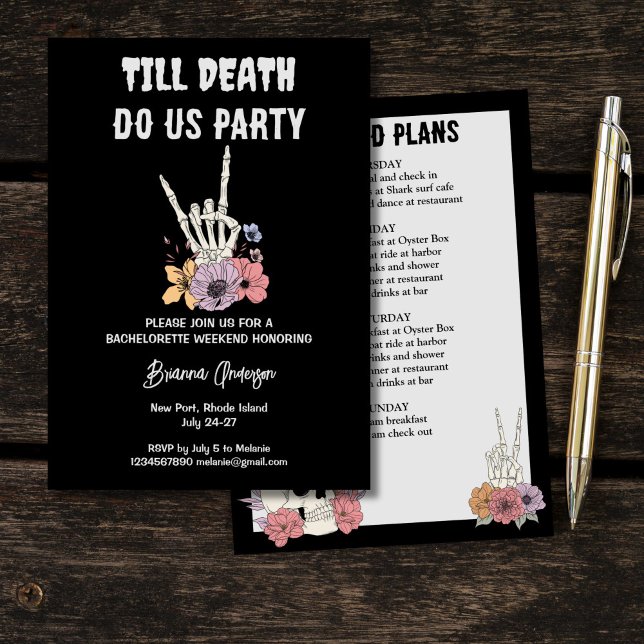 Invitation Jusqu'à la mort faisons-nous la fête bachelorée we (Till death do us party bachelorette weekend itinerary black gothic skeleton invitation template)