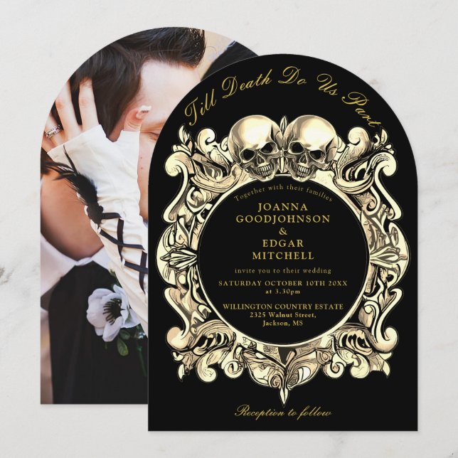 Invitation Jusqu'à la mort Gothique Noir et or Mariage photo (Devant / Derrière)
