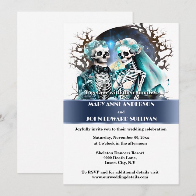 Invitation Jusqu'à la mort nous part bleu blanc goth mariage (Devant / Derrière)