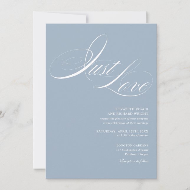 Invitation Just Love Chic Script Code QR Dusty Blue Mariage (Devant)
