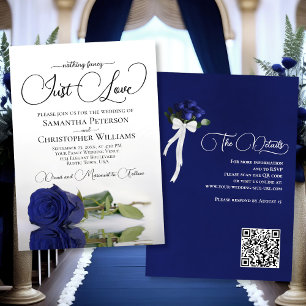 Invitation Just Love Elegant Navy Rose bleu QR Code Mariage