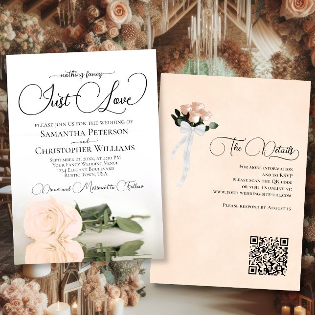 Invitation Just Love Elegant Pale Peach Rose QR Code Mariage (Front/Back)