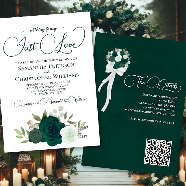 Invitation Just Love Emerald Green Roses Boho QR Code Mariage (Front/Back)