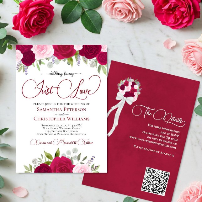 Invitation Just Love Hot Pink & Blush Rose QR Code Mariage (Front/Back)