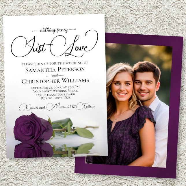 Invitation Just Love Plum Purple Rose Photo on Back Wedding (Front/Back)
