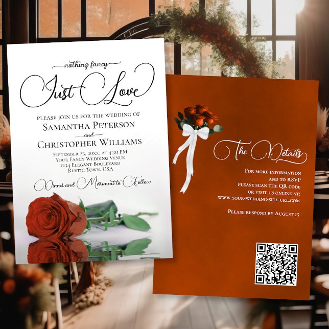 Invitation Just Love Rust Orange Rose QR Code Mariage (Front/Back)