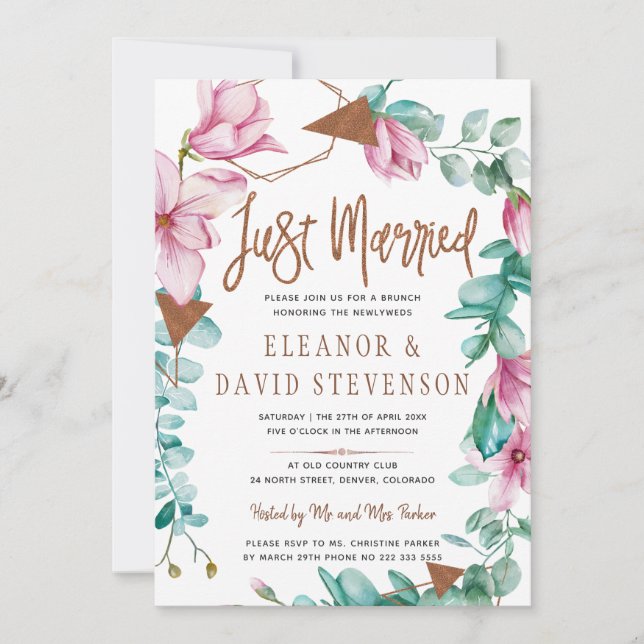 Invitation Juste marié typographie mariage rose floral brunch (Devant)